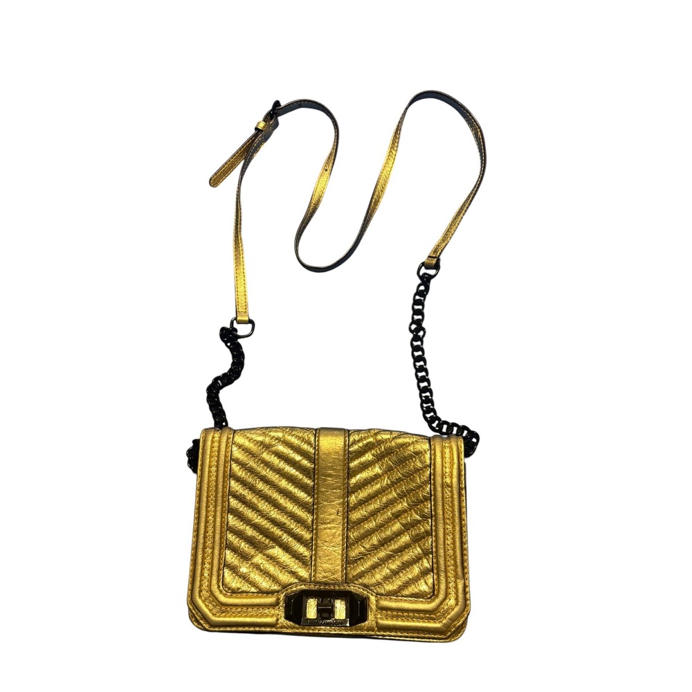 Rebecca Minkoff Small Love Crossbody Bag Gold Metallic Chevron Quilted Black HW